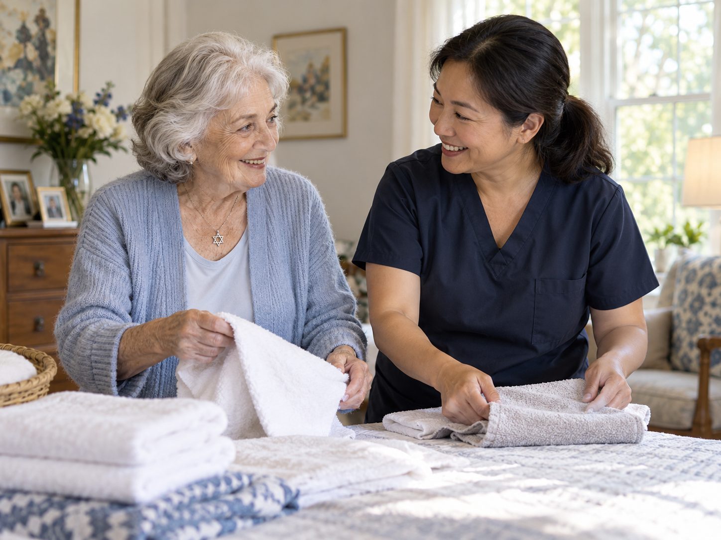 An older woman and a caregiver fold towels together at a bed in a bright bedroom, both smiling.