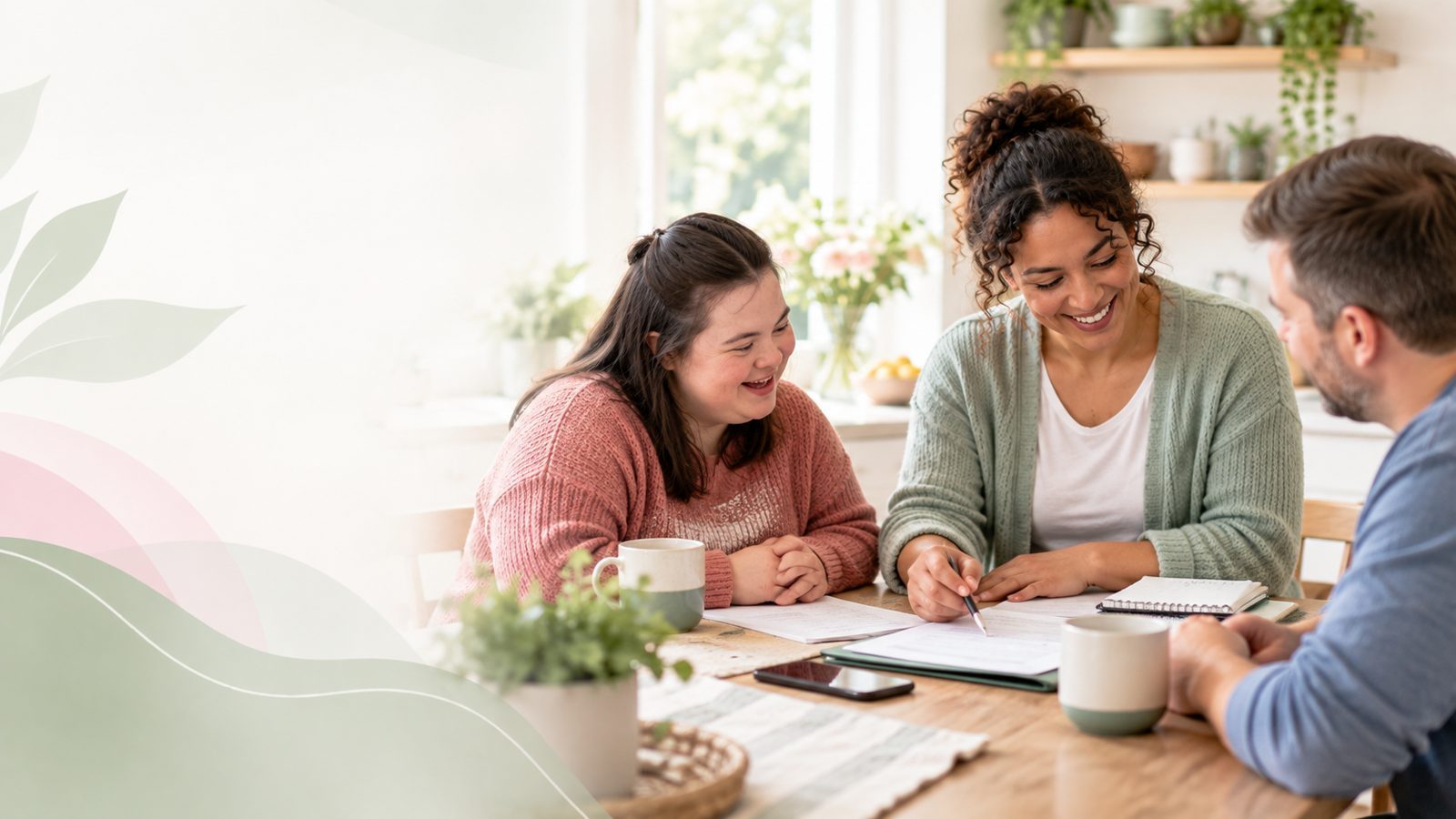 Three people at a kitchen table going over printed pages together, one pointing to a line with a pen, coffee mugs and a notebook beside the papers.