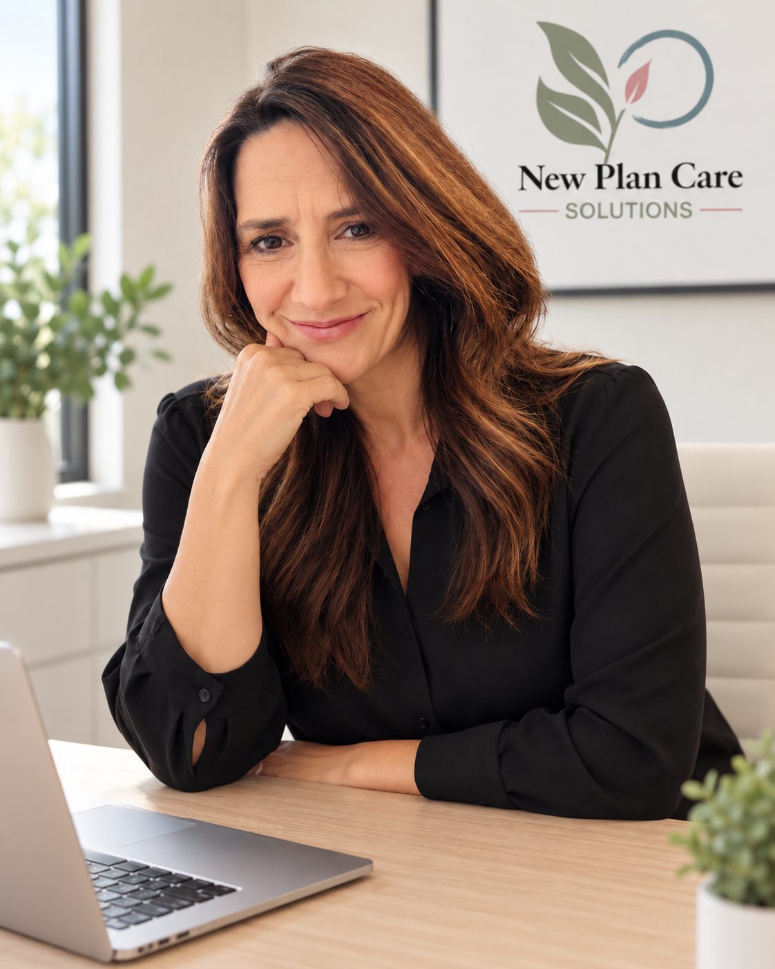 Stacie Postol, owner of New Plan Care Solutions, seated at her office desk beside a laptop.